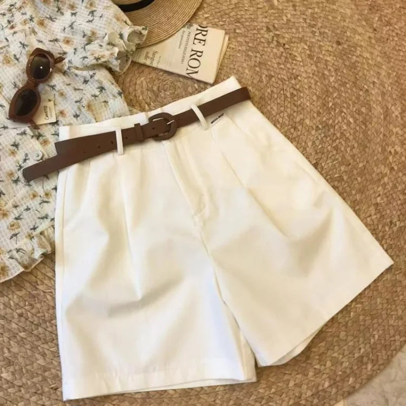 Chic Office Lady's Shorts With Belt Straight Leg