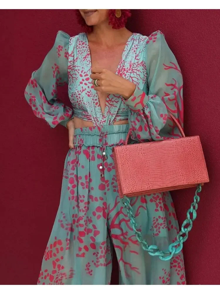 Elegant V-Neck Long Sleeve Loose Pocket Rompers Wide Leg Pant