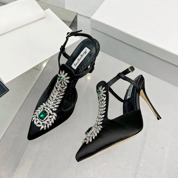 Rhinestone Pointed Toe High Heels Satin
