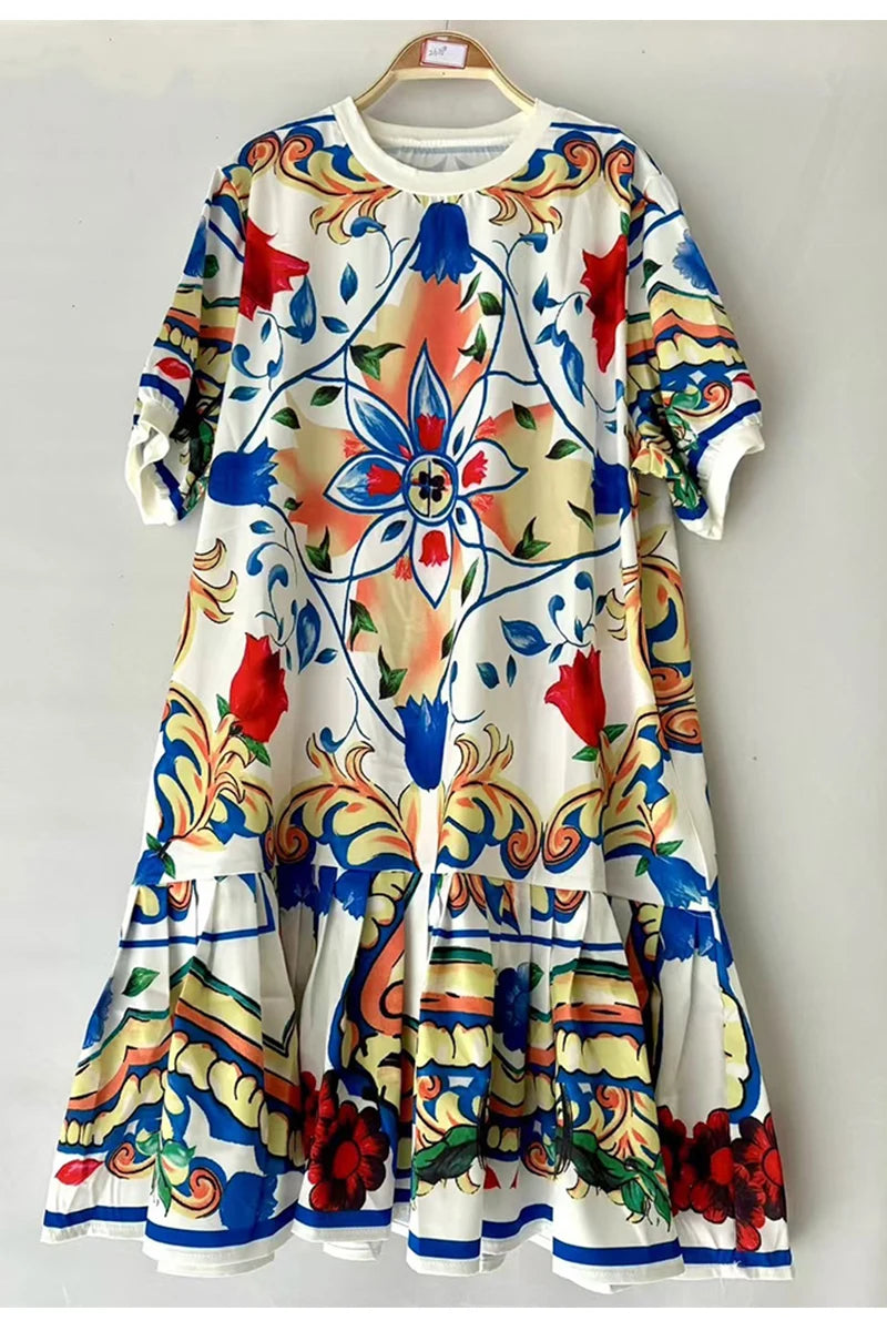 Elegant geometric printing short sleeve loose dress