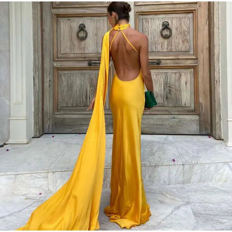 Elegant Solid Ribbon Off Shoulder Sleeveless Backless Slim Dress