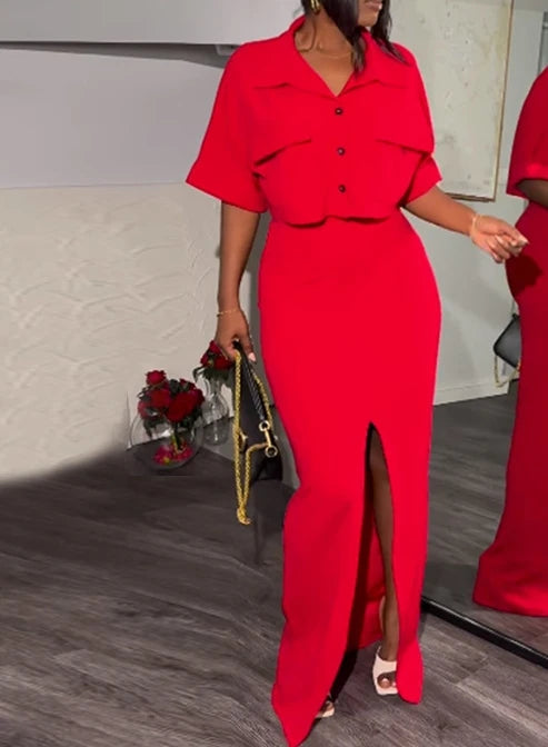 Elegant Flip Collar Short Shirt Top with A Slit and Hip Wrap Skirt