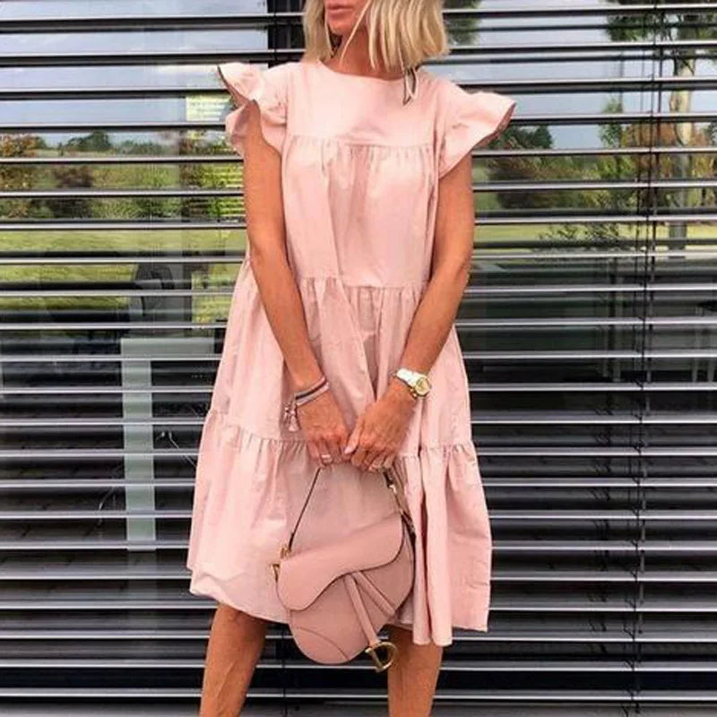Casual Loose Ruffles O-neck Pure Short Sleeve Dress