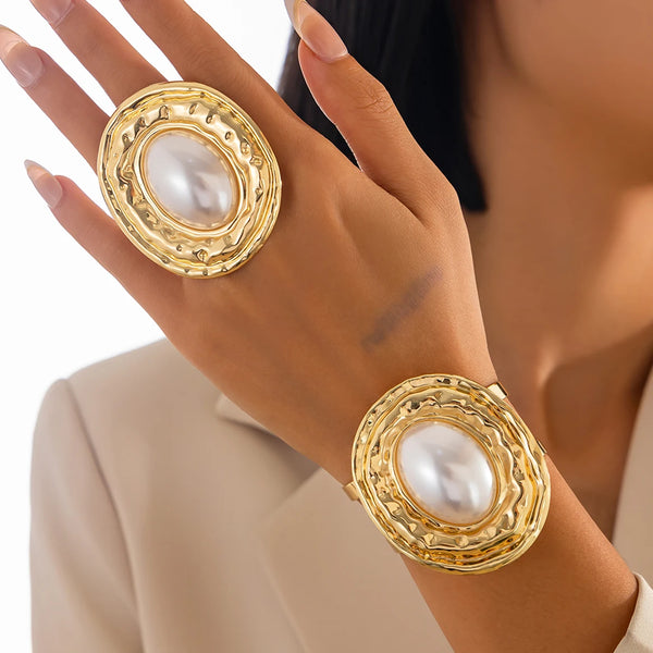2Pcs/Set Exaggerated Circle Chunky Adjustable Open Cuff Bangles Imitation Pearl Rings