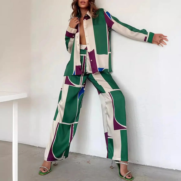 Turndown Collar Long Sleeve Buttons Shirt Top Casual Straight Pants