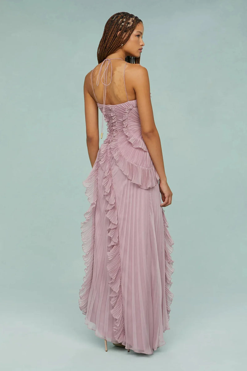 Elegant Neck Strap Ruffles A Line Lace Up Backless Dress