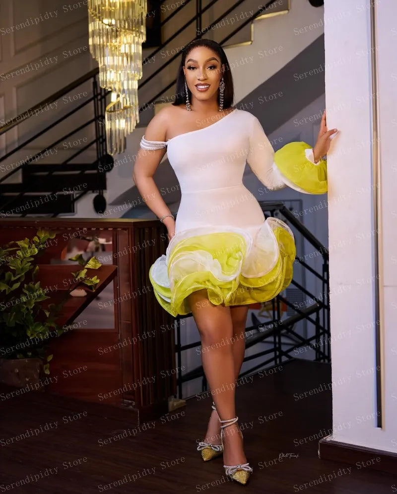 Elegant One-Shoulder White Dress with Yellow Ruffle Skirt, Long Sleeve