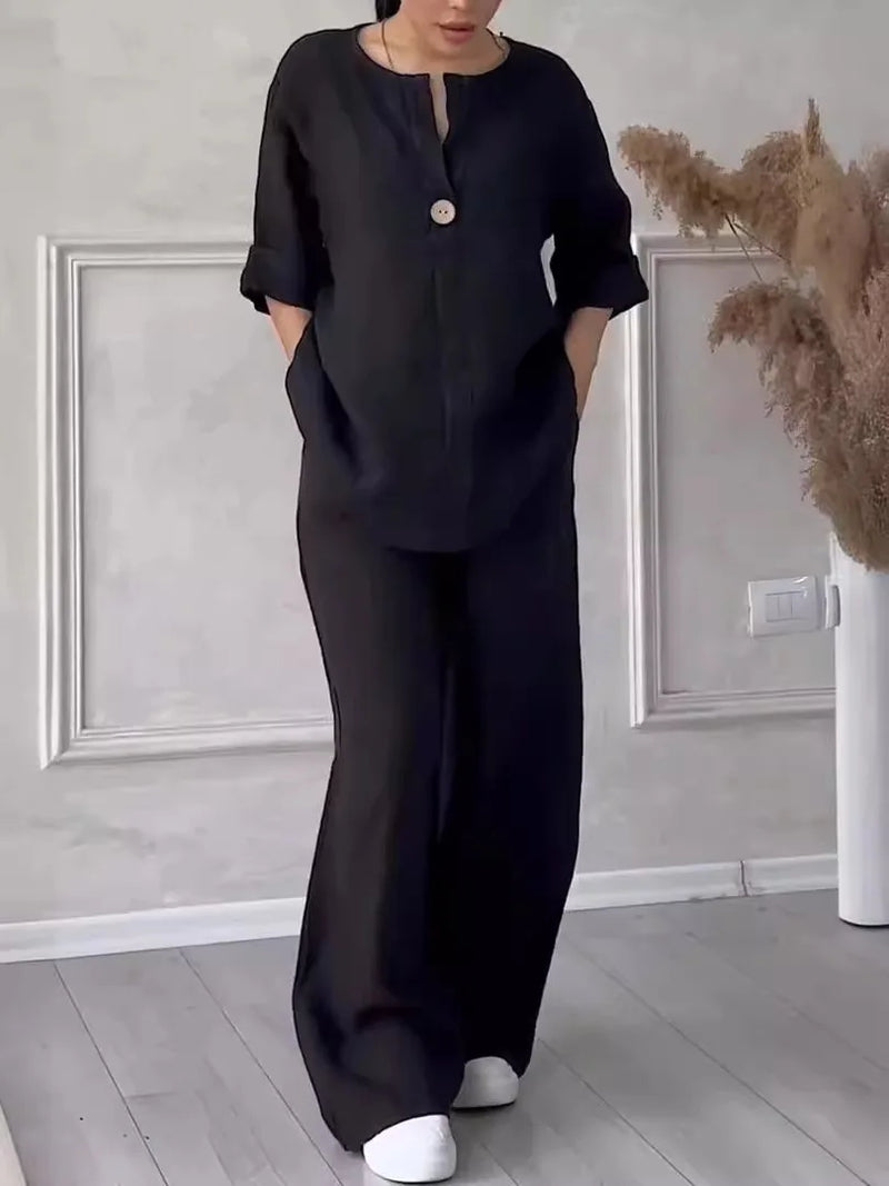Cotton Linen Long Sleeve Button Loose Blouse Shirt & High Elastic Wide Leg Loose Pant