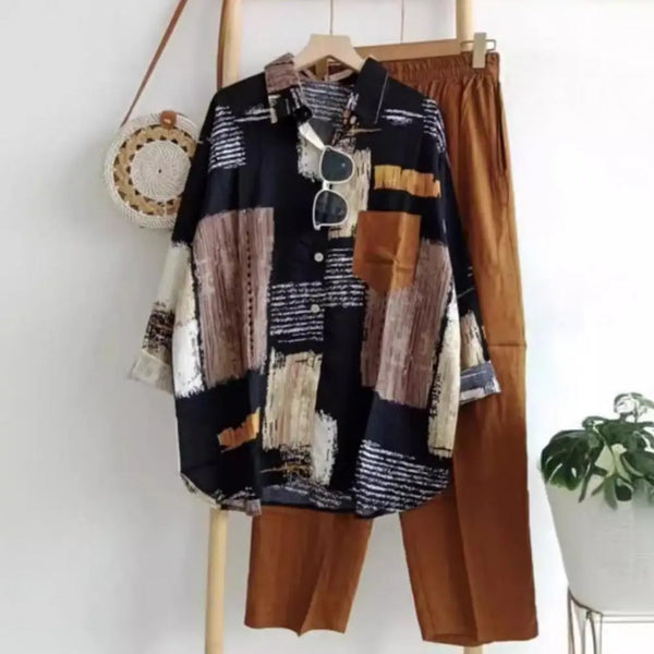Women Shirt with Wide Leg Trousers Long Sleeve Blouse