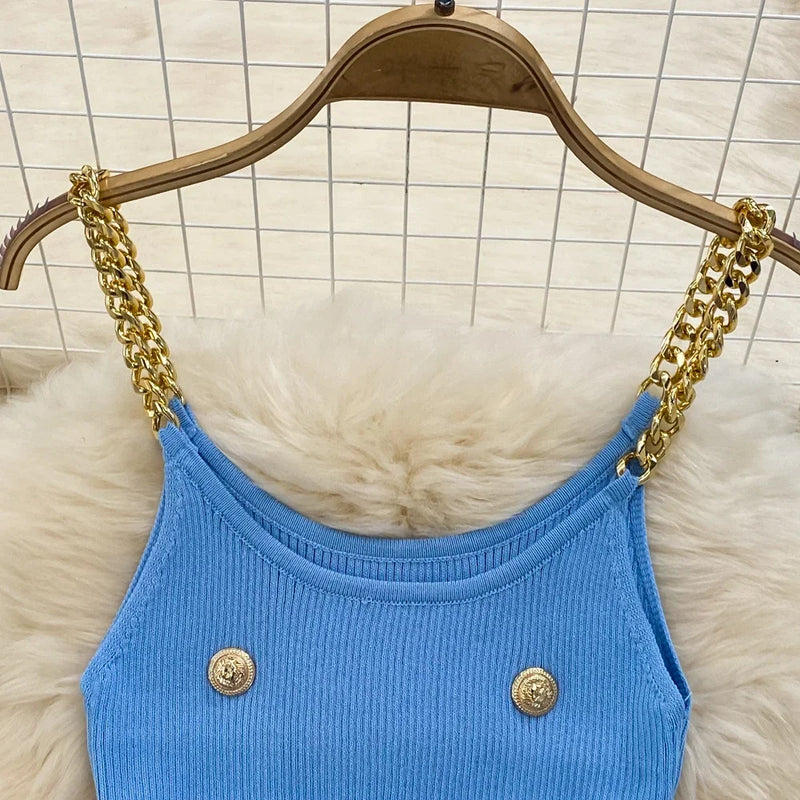Casual Chain Slip Sleeveless Elastic Knit Bodycon Dress