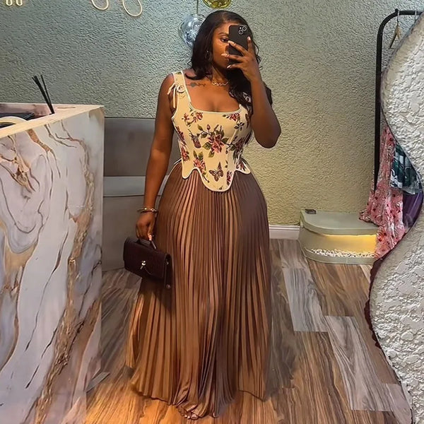 Set Floral Print Waist-cinching Vest +Pleated Long Skirts