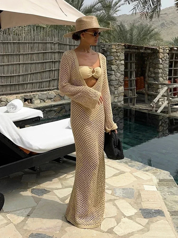 Sexy U-neck Bell Sleeve Knit Swimwear Bikinis Cover-ups