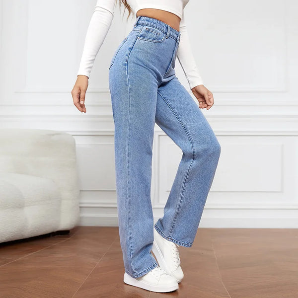 Washed High-waisted Casual Wide-leg Pants Denim