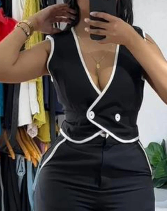 Two Piece Set V-Neck Sleeveless Vest Tank & Casual Wide Leg Pants