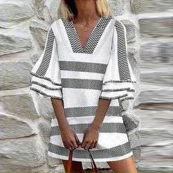 V-neck Casual Striped Printed Lotus Leaf Sleeve Loose Dress