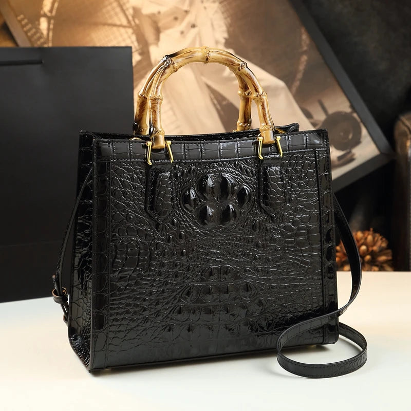 Leather Real Bamboo Crocodile Pattern Handbag