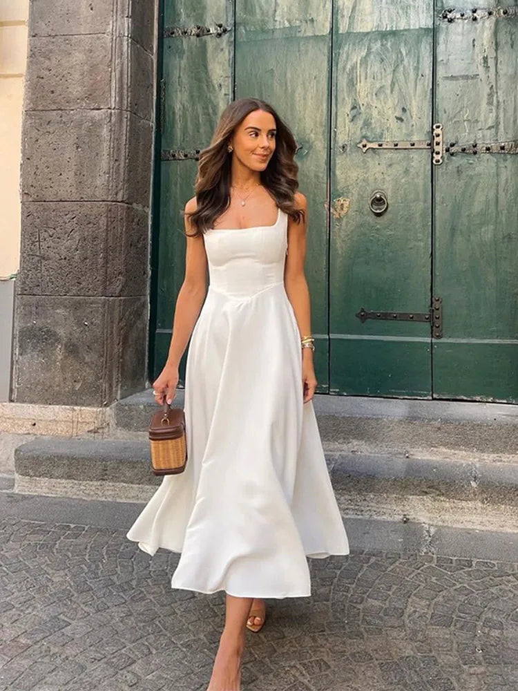 Elegant Solid Square Neck Sleeveless Slim High Waist Dress