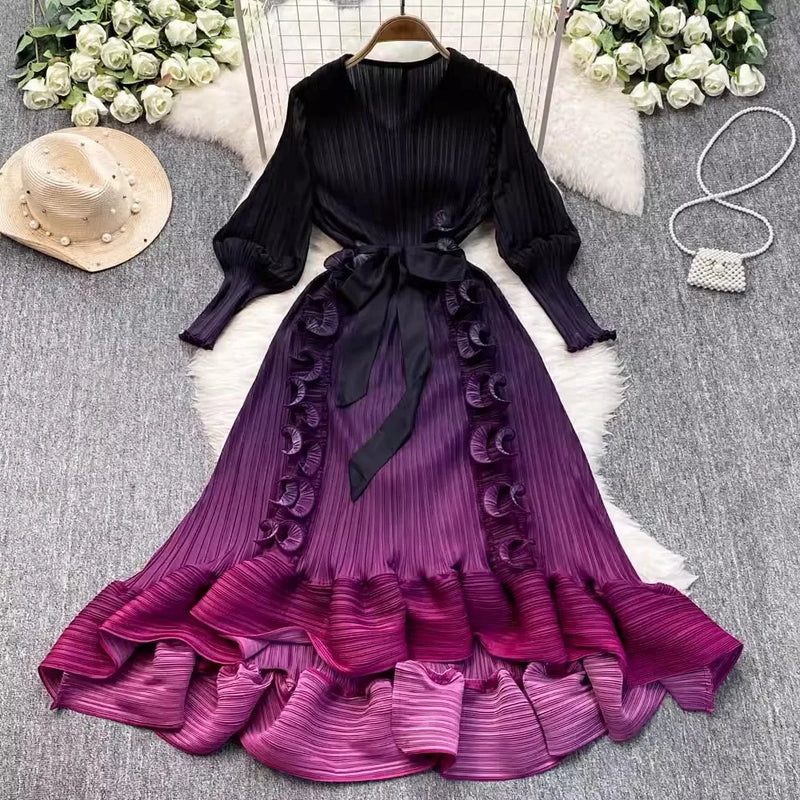 Ruffles Splice Gradient Color Pleated Dresses