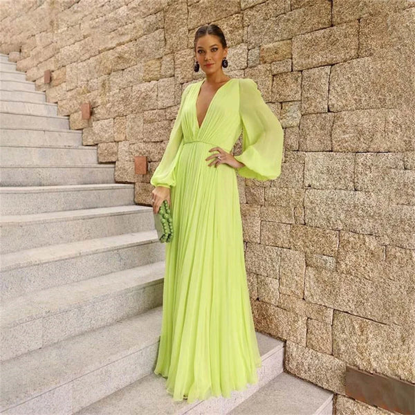 Camina Chiffon Deep V Neck Long Sleeve Dress