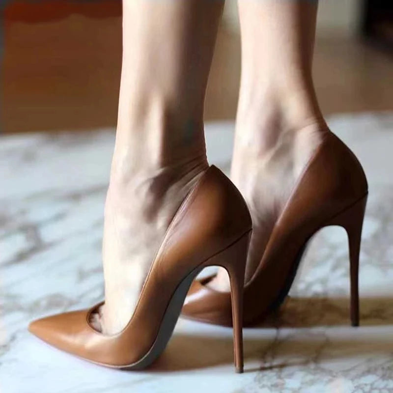 Tikicup Solid Khaki Brown Matte Pointed High Heels