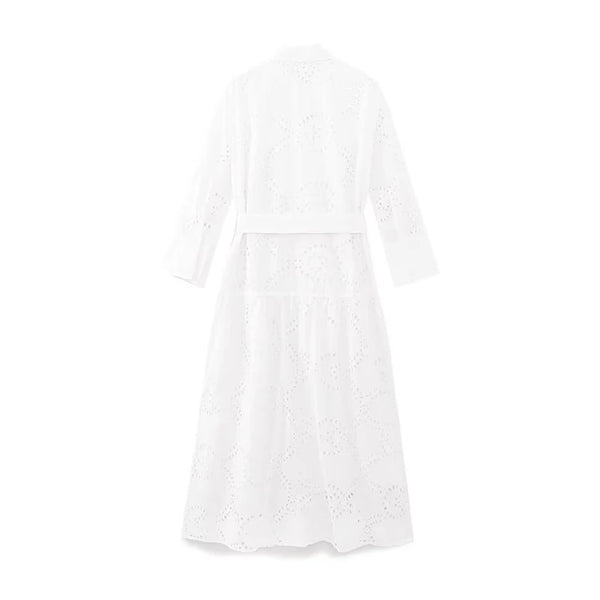 White Embroidery Single Breasted Midi Vintage Lapel Neck Long Sleeves Dress with Belt