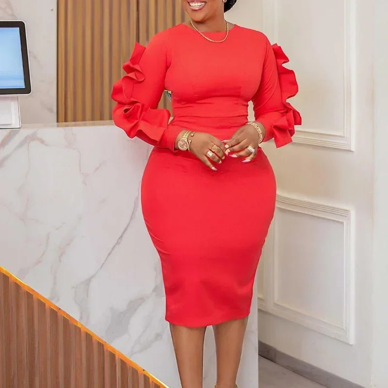 Elegant Long Lace Sleeve Peplum Knee Length Dress