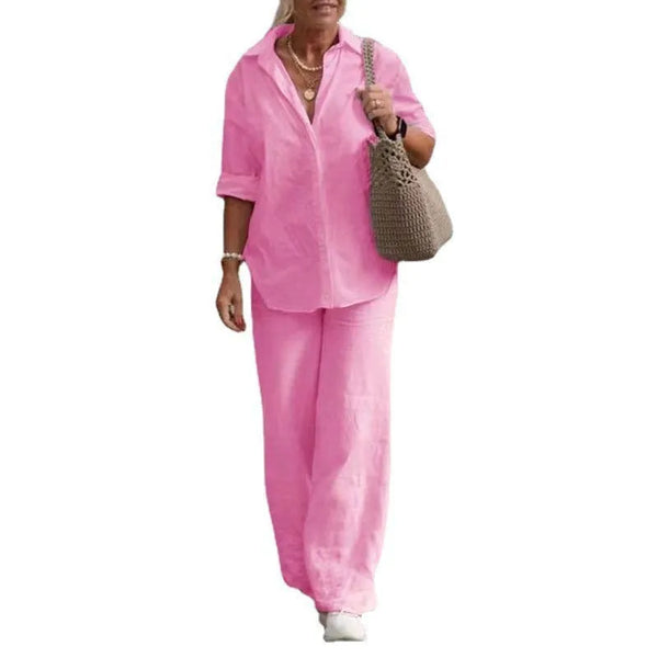 Cotton Linen Long Sleeve Blouse Shirts & High Elastic Wide Leg Trousers Suits