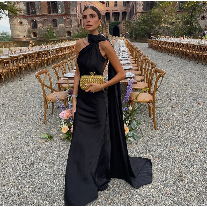 Elegant Solid Ribbon Off Shoulder Sleeveless Backless Slim Dress