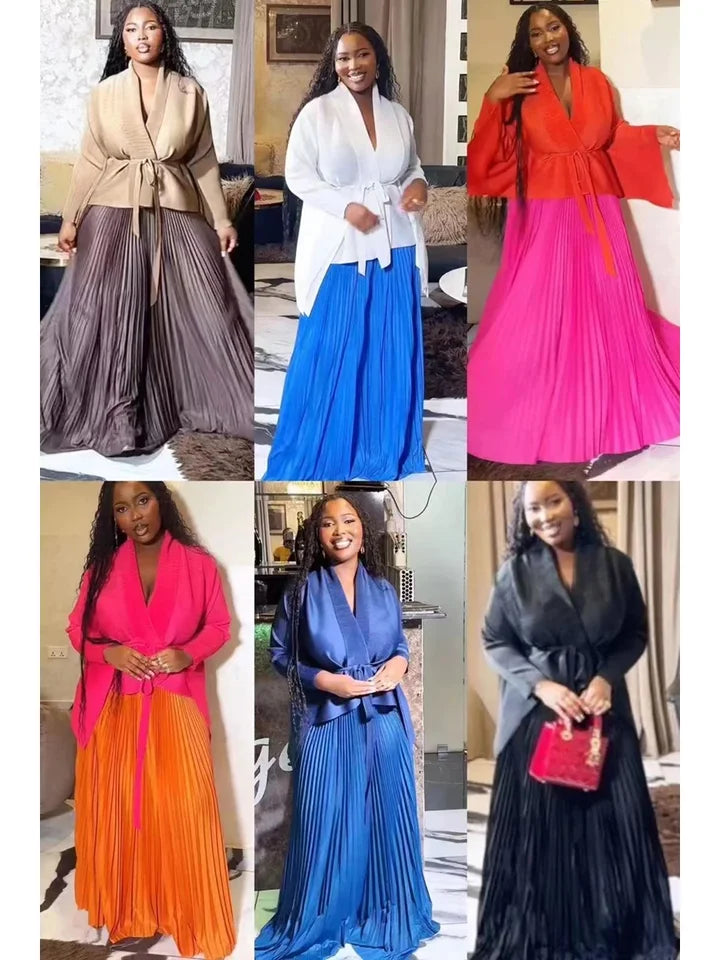 Elegant 2 Piece Set Women Belt Batwing Sleeves Tops