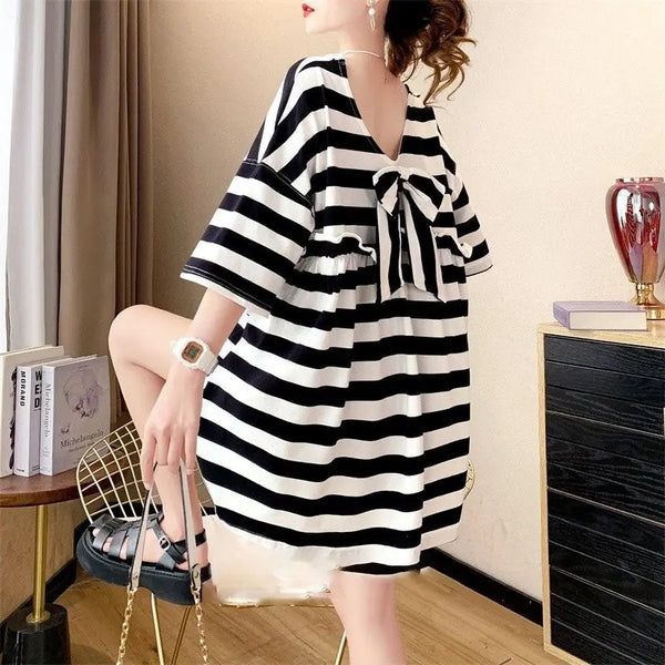 Street Casual Bow Patchwork T Shirt Dress