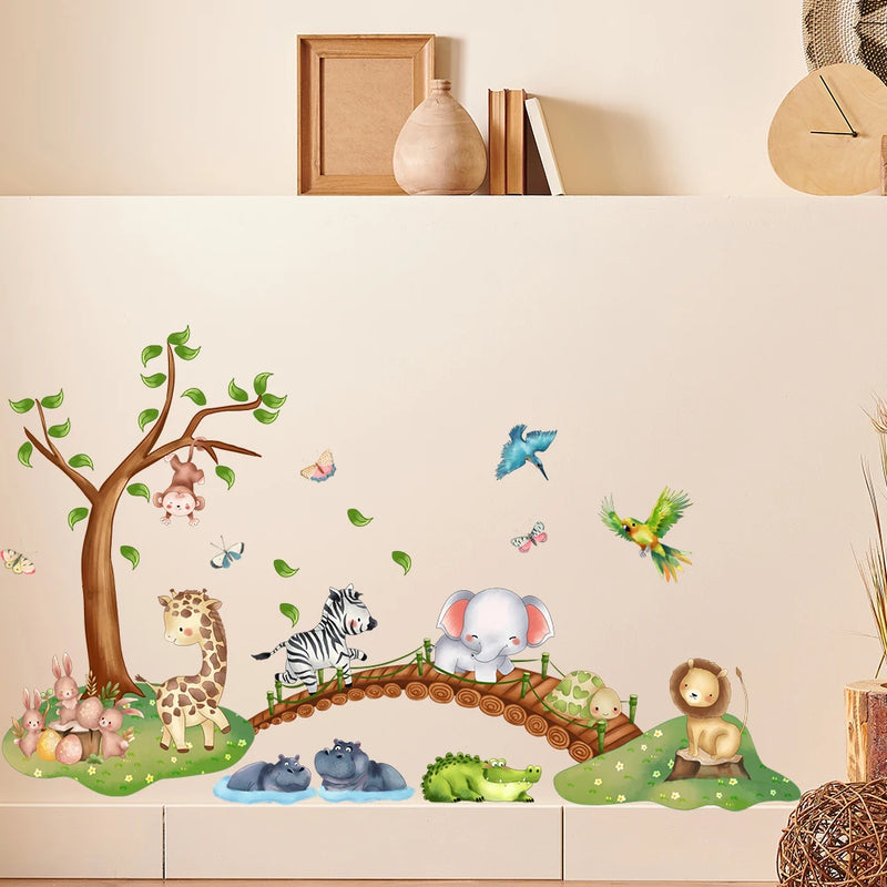 Cartoon Animal Elephant Zebra Giraffe Bridge Wall Sticker