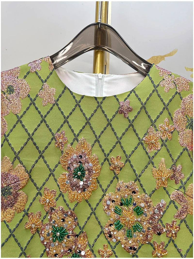 Luxury Beaded Embroidery Short Sleeve Gold Foil A-Line Dress
