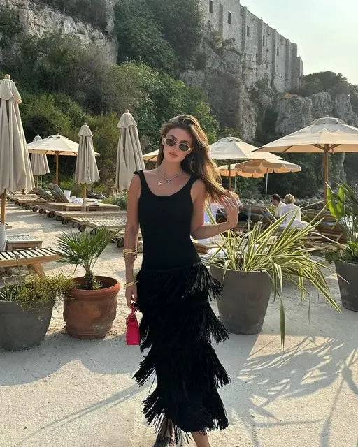 Elegant Knitted Fringed Tank Sleeveless  Dress