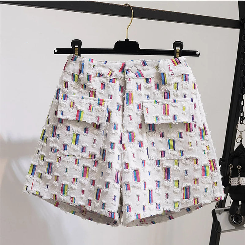 Denim High Waist Worn Loose Burr Hole Shorts