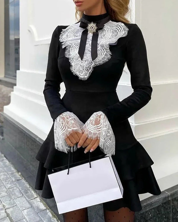 Elegant Sexy Long Sleeve Lace Bell Ruffle Dress
