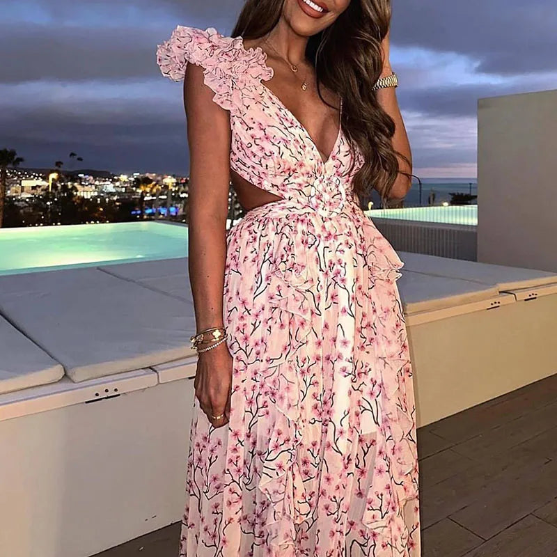 Elegant Floral Shoulder Deep V-neck Long Waist Ruffle Dress