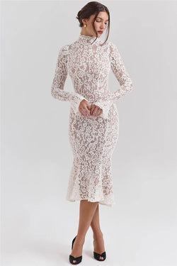 Elegant White Half High Collar High Waist Lace Long Sleeve Dress