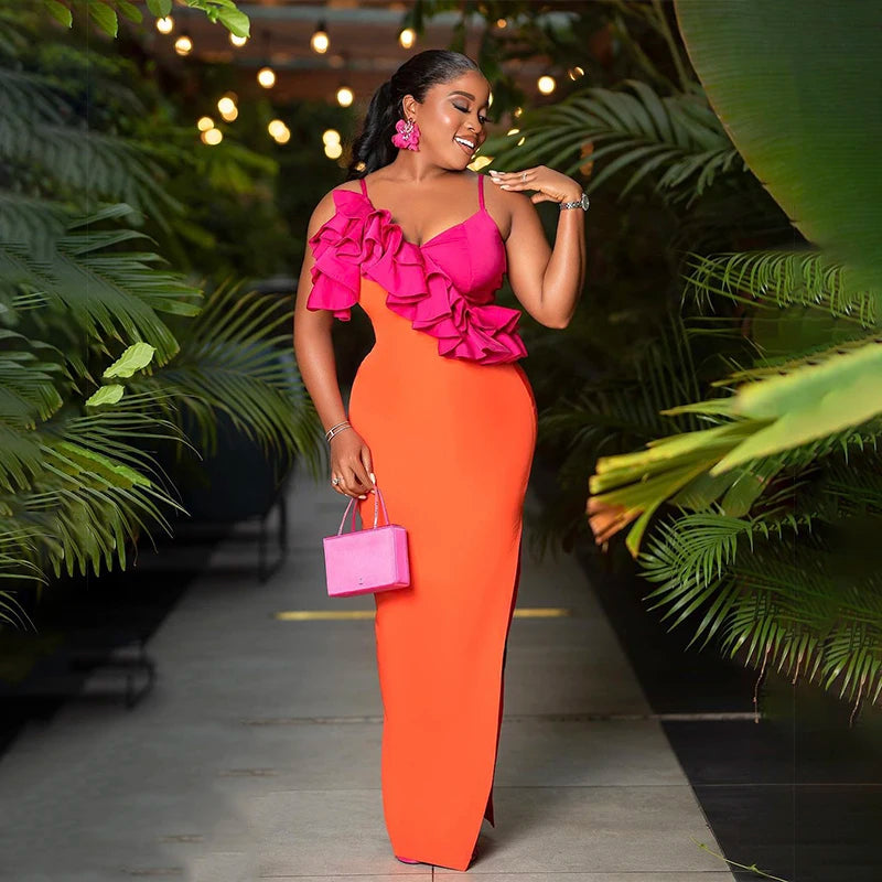Orange Sleeveless Sexy V-Neck Ruffles Bodycon Mid-calf Bandage Dress