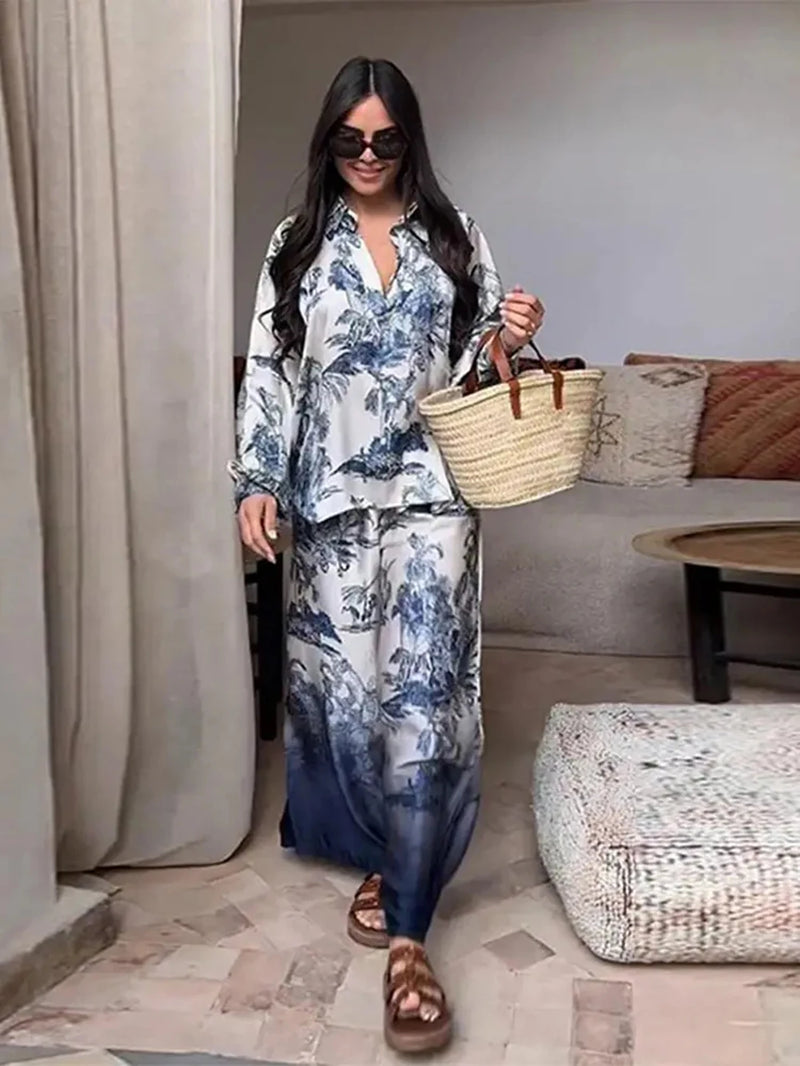 Elegant Long Sleeve Lapel Shirt Loose High Waisted Wide Leg Pants