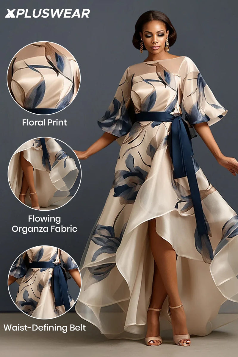 Beige Floral Round Neck Half Sleeve Organza Dress