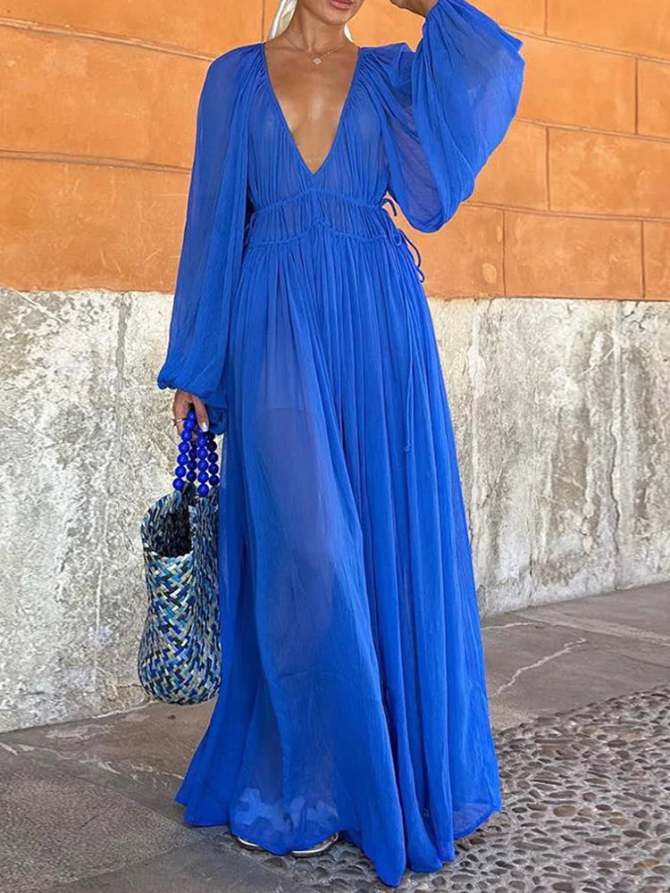 Summer Long Sleeve Deep V-Neck Elegant Dress
