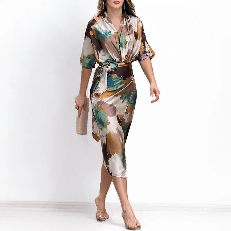 Casual Short Sleeve V Neck Waist Length With Belt Dress