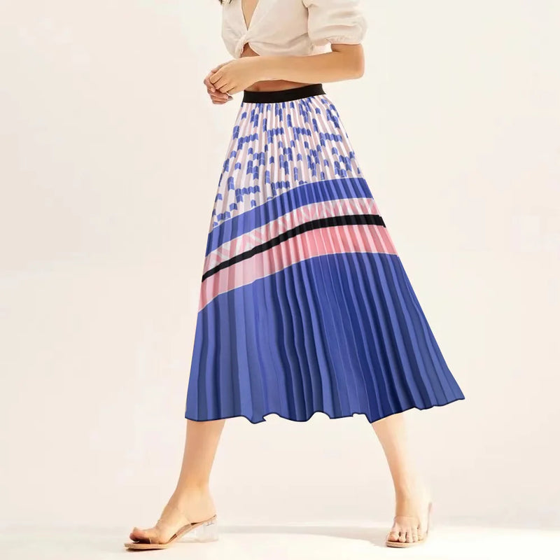 Printed elastic mid length A-line pressed pleated skirt