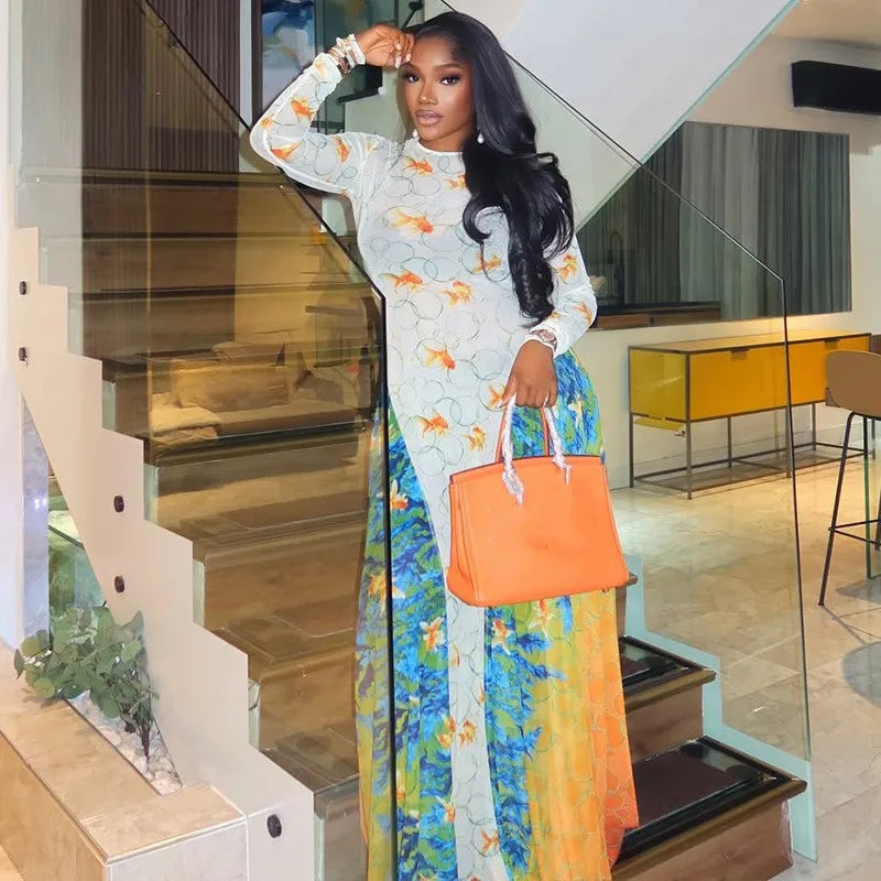 Patchwork A-Line Mesh O-Neck Long Sleeve Belted Waist Dress