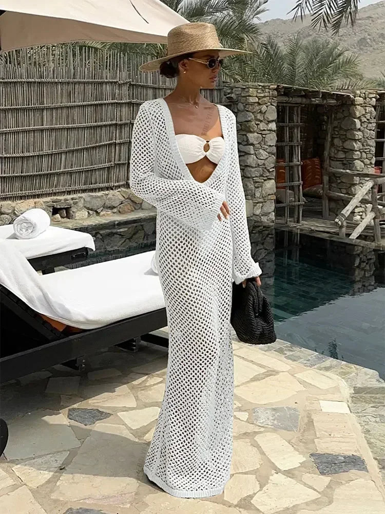 Sexy U-neck Bell Sleeve Knit Swimwear Bikinis Cover-ups