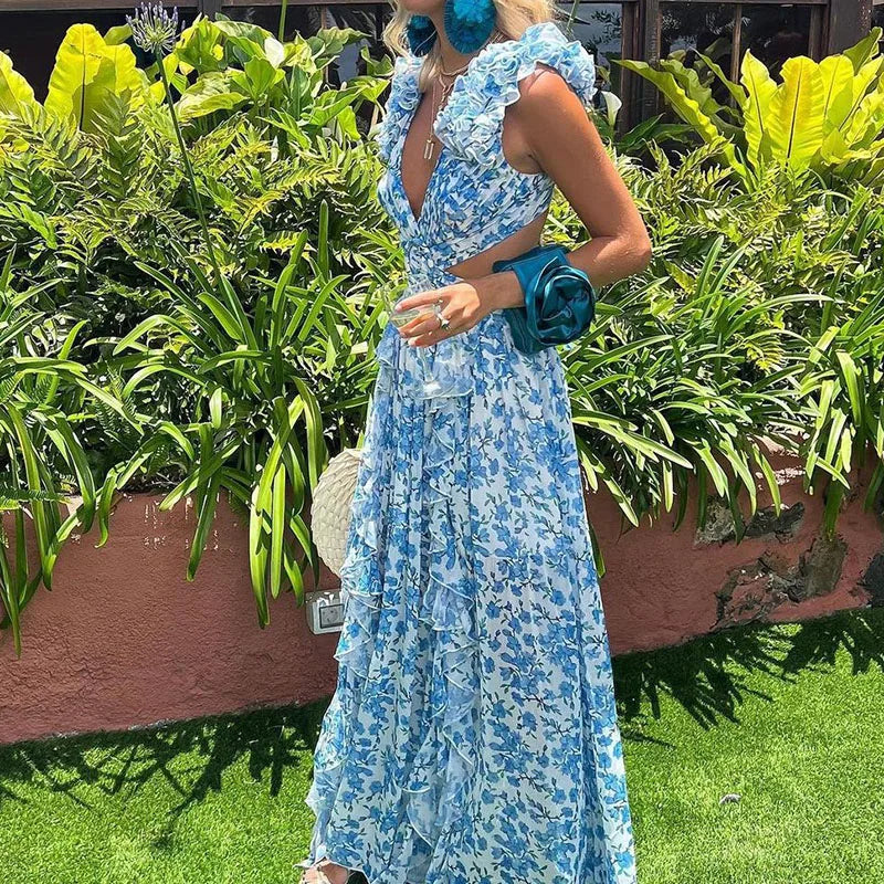 Elegant Floral Shoulder Deep V-neck Long Waist Ruffle Dress