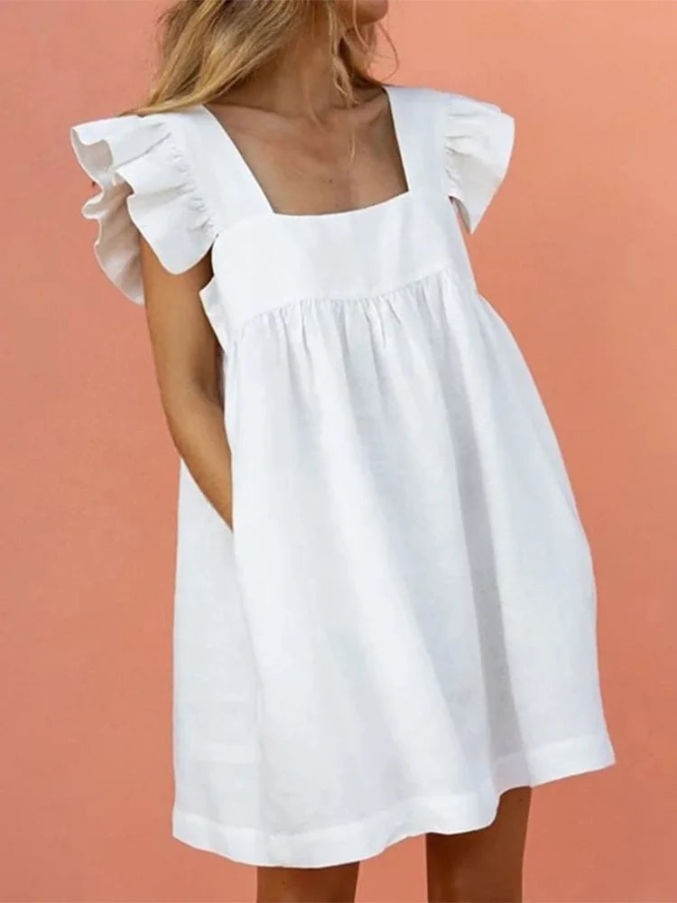 Elegant Butterfly Ruffled Summer Square Collar Pocket Dress