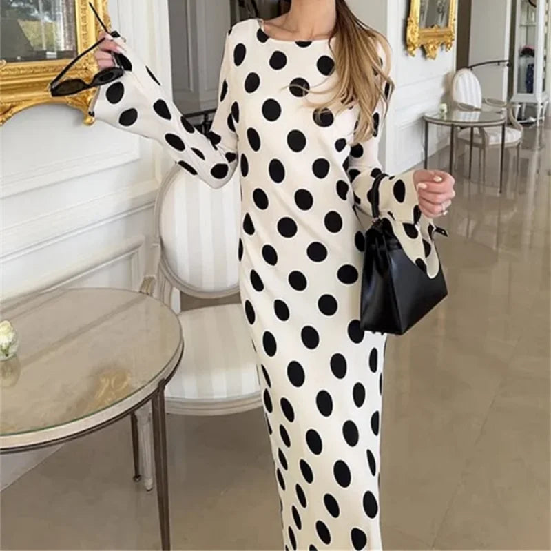 Polka Dot Vintage Flare Sleeve O Neck A Line Long Dress