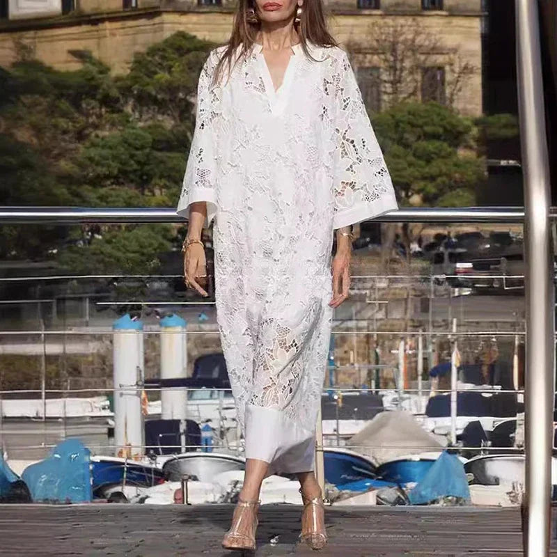 White Lace Hollow Elegant V Neck Dress
