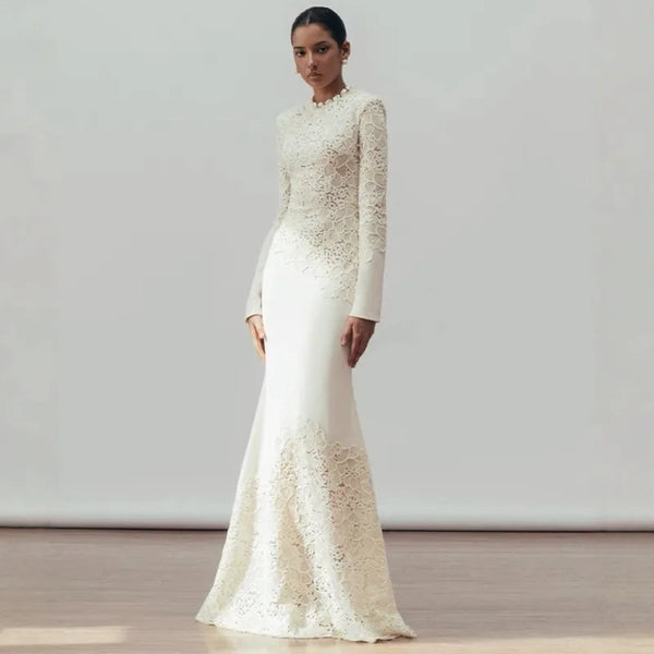 O-neck Long Sleeve Lace Hollow Out Slim Elegant Dress